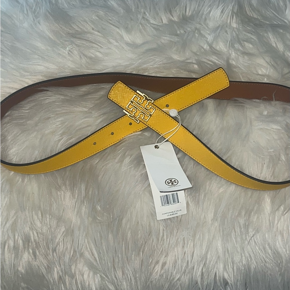 Tory Burch Yellow Leather Logo Buckle Reversible Belt